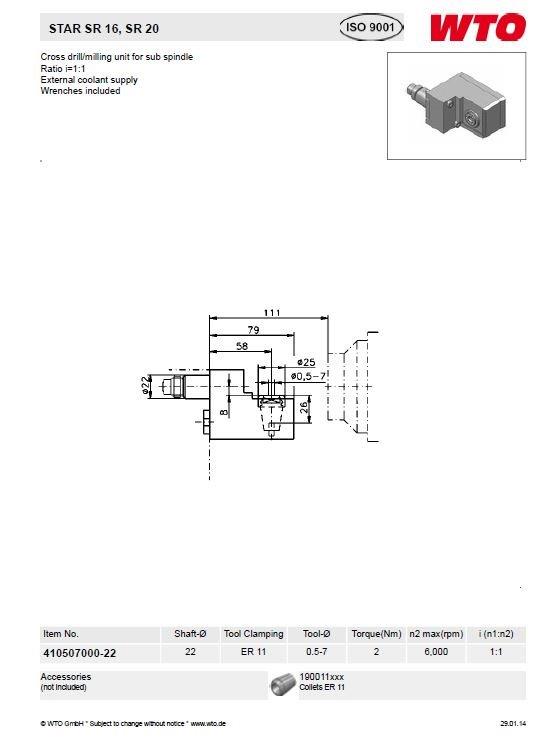 STAR/WTO 410507000-22 Cross Drill/Mill Unit for BW T2100-T2400, ER11, SR20R ser