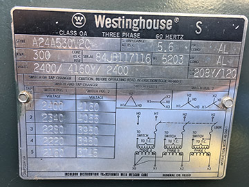 300 KVA, Pri. 2400 D, Sec. 208 Y, OA, WESTINGHOUSE, PADMOUNT, 65*C RISE