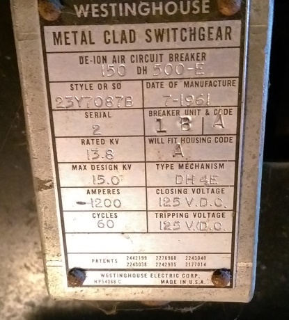 1200 Amp, WESTINGHOUSE, 150DH500E, 13.8 KV, 1961, OUTDOOR, 125V DC CLOSE&TRIP;-1