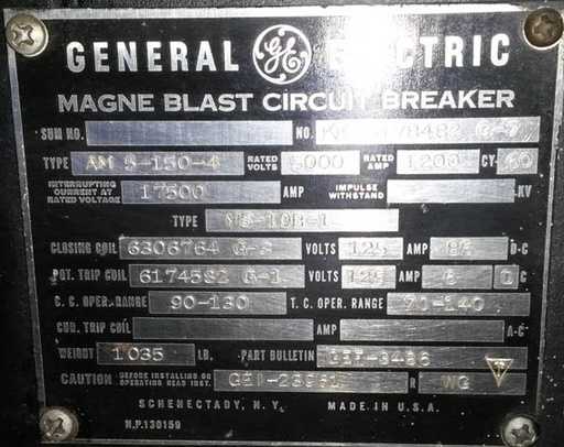 1200 Amp, GENERAL ELECTRIC, AM5-150-4, 5000 V., 60 HZ;-1