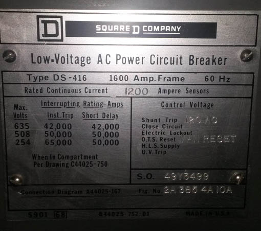 1600 Amp, SQUARE D, DS416, 480 V., MAN.OP., STATIONARY MOUNT;-1