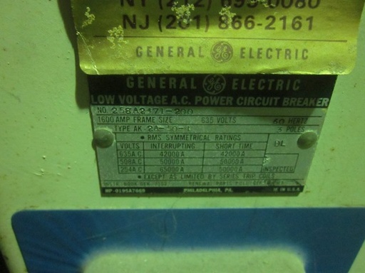 1600 Amp, GENERAL ELECTRIC, AK2A50-1, 480 V., 1200 ECI TRIPS MAIN;-1