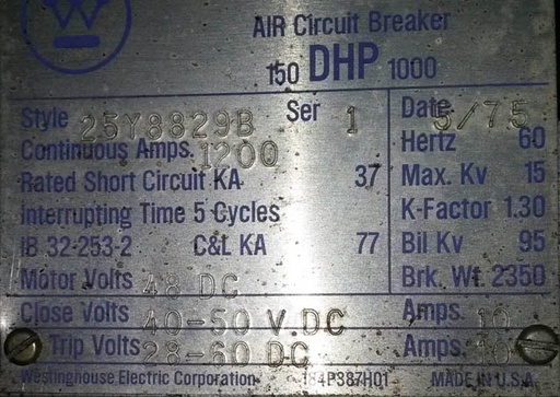 1200 Amp, WESTINGHOUSE, 150DHP1000, 15 KV, 48 VDC T&C;-1