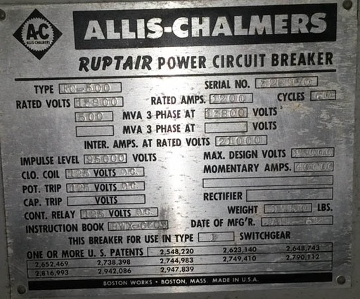 1200 Amp, ALLIS CHALMERS, FC 500 SOL., 13.8 KV, 1965, INDOOR SWITCHGEAR;-1