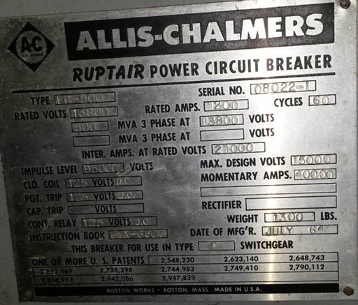 1200 Amp, ALLIS CHALMERS, FC-500, 13.8 KV, 1965, INDOOR;-1