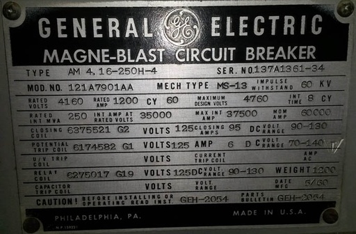 1200 Amp, GENERAL ELECTRIC, AM4.165-250H-4, 4160 V., 1960, OUTDOOR;-1