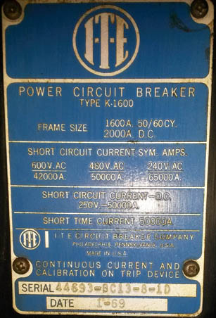 1600 Amp, ITE, K-1600, 480 V., 1969, MAN.OP., DRAWOUT, 50/60 CYCLE;-1