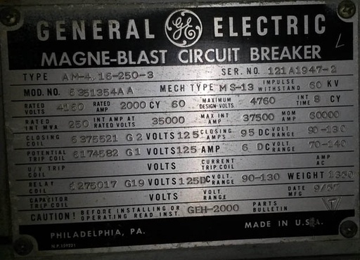 2000 Amp, GENERAL ELECTRIC, AM4.16-250-3, 4160 V., 1957, 1350 LBS, MS-13 MECH;-1