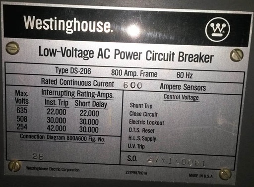 800 Amp, WESTINGHOUSE, DS206, 480 V., MAN.OP., DRAWOUT, INDOOR;-1