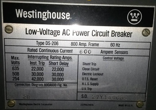 800 Amp, WESTINGHOUSE, DS206, 480 V., MAN.OP., DRAWOUT, INDOOR;-1