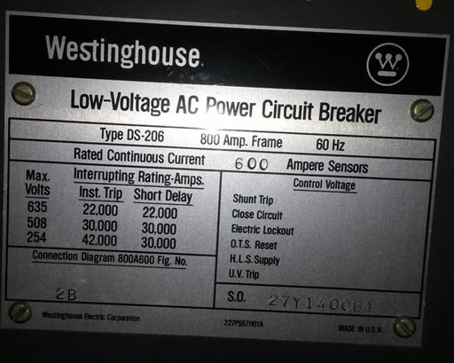 800 Amp, WESTINGHOUSE, DS206, 480 V., MAN.OP., DRAWOUT, INDOOR;-1