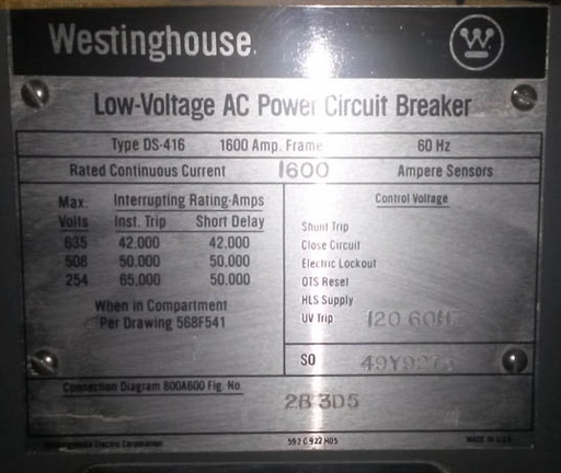 1600 Amp, WESTINGHOUSE, DS-416, 480 V., MAN.OP., DRAWOUT;-1