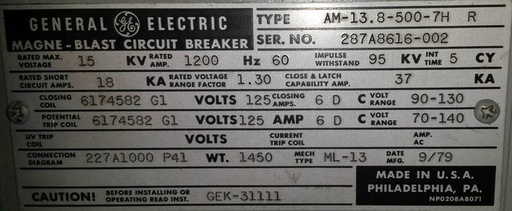 1200 Amp, GENERAL ELECTRIC, AM13.8-500-7H-R, 13.8 KV, OUTDOOR;-1