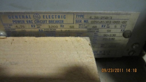 1200 Amp, GENERAL ELECTRIC, VB4.16-250-1, 4160 V., 1979, 125 VOLT DC CLOSE & TRI