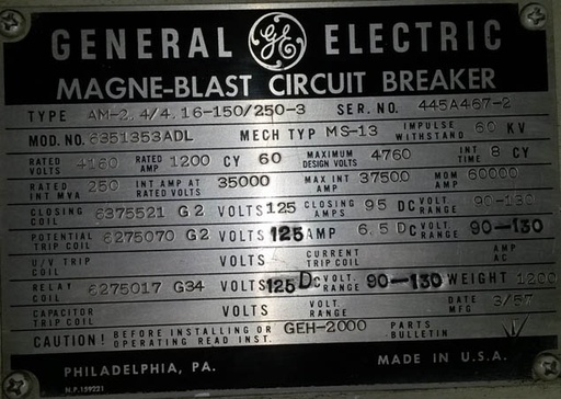1200 Amp, GENERAL ELECTRIC, AM4.16-150, 4160 V., INDOOR, MS-13 MECH;-1