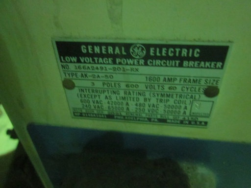 1600 Amp, GE, AK2A-50, 480 V., MANUALLY OPERATED, DRAWOUT; -1