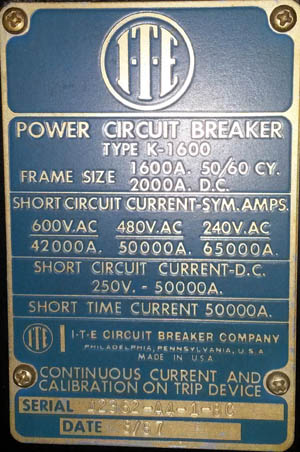 1600 Amp, ITE, K1600 RED, 480 V., MANUALLY OP., INDOORHOUSED -1