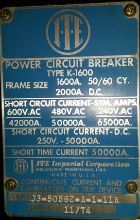 1600 Amp, ITE, K1600 RED, 480 V., MANUALLY OP., DRAWOUT, INDOORHOUSED -1