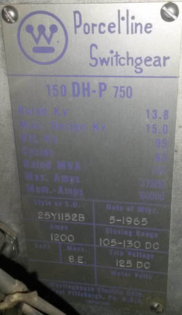 1200 Amp, WESTINGHOUSE, 150DHP750, 15 KV, 1965, DRAWOUT, ELEC.OP.,CLOSE & TRIP-1
