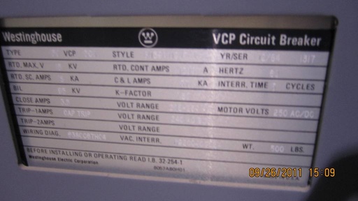 1200 Amp, WESTINGHOUSE, 150 VCP-500, 13.8 KV, 1984, VACUUM BREAKER:1