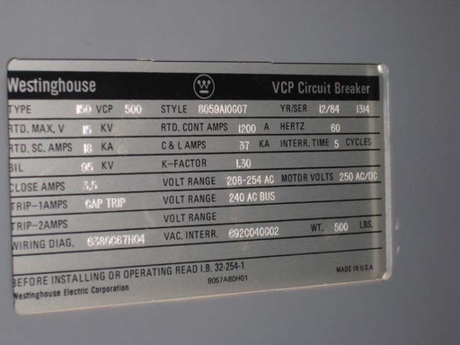 1200 Amp, WESTINGHOUSE, 150 VCP-500, 13.8 KV, 1984, VACUUM BREAKER:1