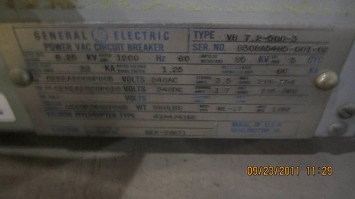 1200 Amp, GENERAL ELECTRIC, VB7.5-500-3, 7.5 KV, 1982, VACUUM BREAKER:1