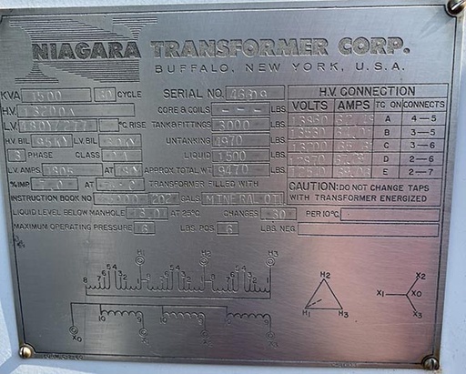 1500 KVA, Pri. 13200 D, Sec. 480/277 Y, NIAGARA, 3/60 HZ