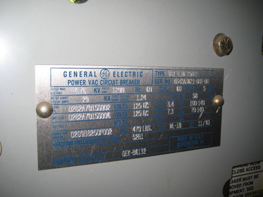 1200 Amp, G.E., VB1-4.16-250-2, 4160 V., 1990, EO/DO, ML 18;