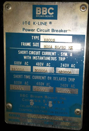800 Amp, ITE/BBC, K-800S, 600 V., 1987, M/O, D/O, (LSIG)