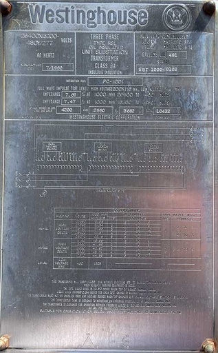 1000/1120 KVA, WESTINGHOUSE, Pri. 26400 D X 13200 D, Sec. 480Y/277:1