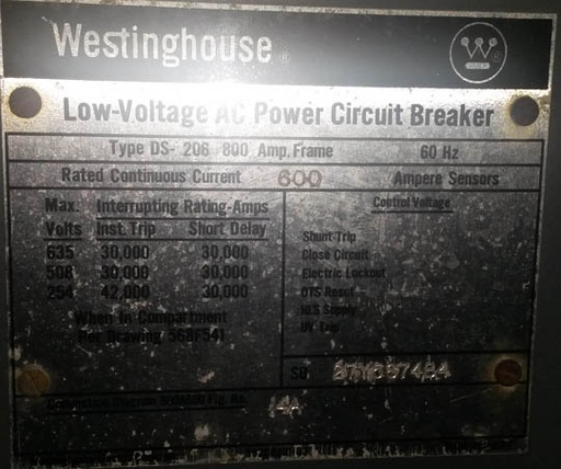 600 Amp, WESTINGHOUSE, DS206, 480 V.,