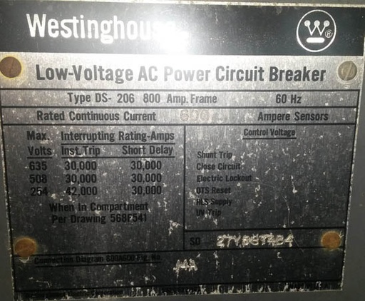 600 Amp, WESTINGHOUSE, DS206, 480 V.,