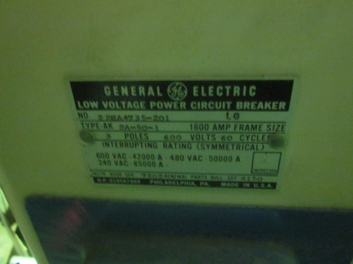 1600 Amp, GE, AK-2A-50-1, 600 V., M/O, D/O, AIR CIRCUIT BREAKER: -1