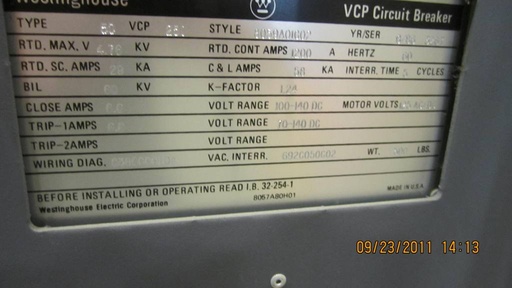 1200 Amp, WESTINGHOUSE, 50VCP-250, 4160 V., 1987, E/O, D/O, VAC C/B, 125 VDC: -1