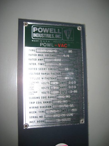 1200 Amp, POWELL, 5PV-250-0, 4160 V., VACUUM C/B, 125 VDC CL. & TRIP: -1