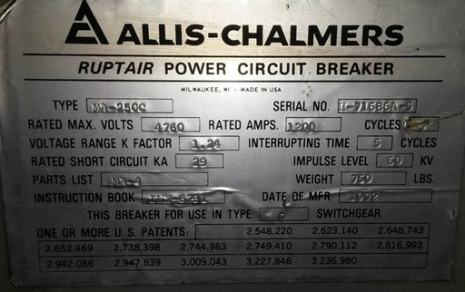 1200 Amp, ALLIS CHALMERS, MA250C, 4160 V., 1972, 120 VAC CLOSE, CAP TRIP: -1