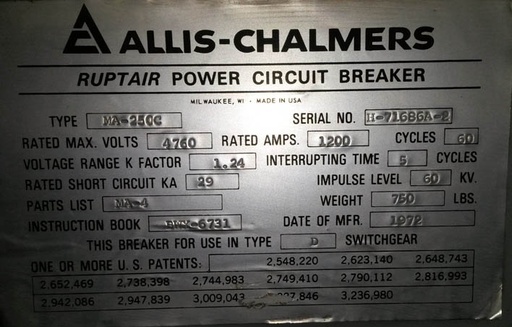 1200 Amp, ALLIS CHALMERS, MA250C, 4160 V., 1972, 120 VAC CLOSE, CAP TRIP: -1