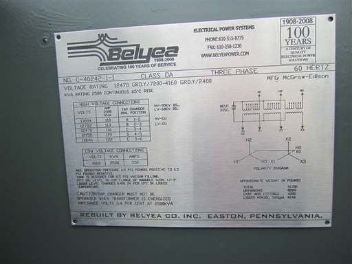 2500 KVA, MCGRAW, Pri. 12470Y/7200, Sec. 4160Y/2400, LIVE FRONT, RADIAL FEED