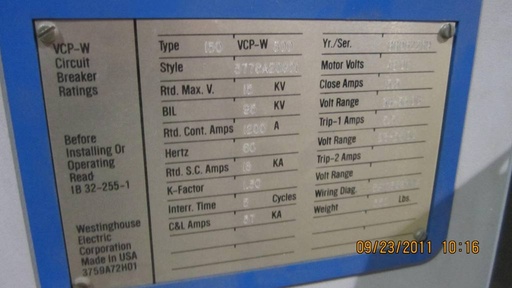 1200 Amp, WESTINGHOUSE, 150VCP-W-500, 13.8 KV, 1988, 48 VDC C & T: -1