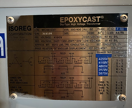 300/400 KVA, ISOREG, Pri. 4160 V, D, Sec. 240VY X 208 V, Y, 1992, CAST COIL: -1