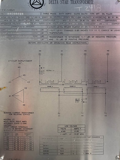 20/29.87 MVA, DELTA STAR, Pri. 34500 Y, Sec. 4160 D, GSU, 55/65