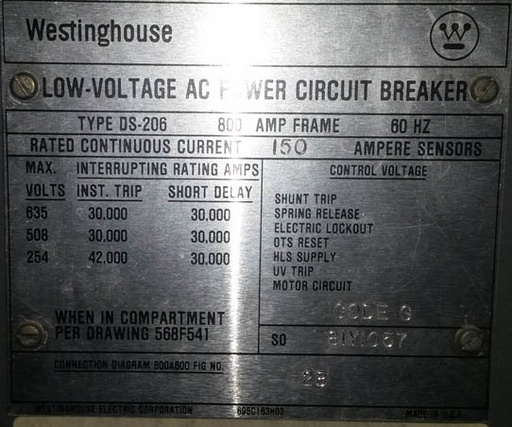 800 Amp, WESTINGHOUSE, DS-206, 480 V., 1987, M/O, D/O, RMS-800, LIG TRIPS: -1