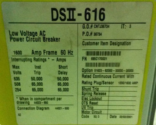 1600 Amp, SQUARE D, DS2-616, 635 V., M/O, D/O, DIGITRIP 510, L,S,I,G: -1