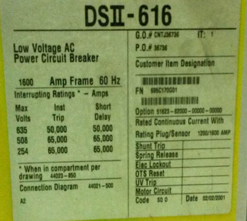 1600 Amp, SQUARE D, DS2-616, 635 V., M/O, D/O, DIGITRIP 510, L,S,I,G: -1