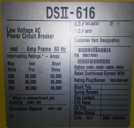 1600 Amp, SQUARE D, DS2-616, 635 V., M/O, D/O, DIGITRIP 510, L,S,I,G: -1