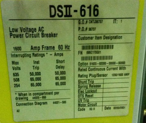 1600 Amp, SQUARE D, DS2-616, 635 V., M/O, D/O, DIGITRIP 510, L,S,I,G: -1