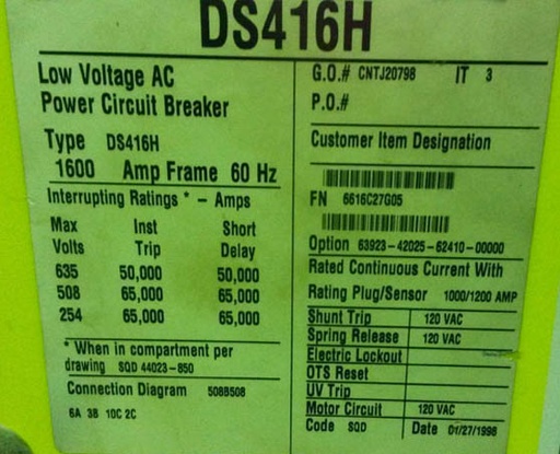 1600 Amp, SQUARE D, DS-416H, 635 V., 1998, E/O, D/O, 120 VAC, RMS-510, L,S,I,G