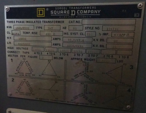 1500 KVA, SQUARE D, Pri. 13200 D, Sec. 480 Y, INDOOR TRANSFORMER