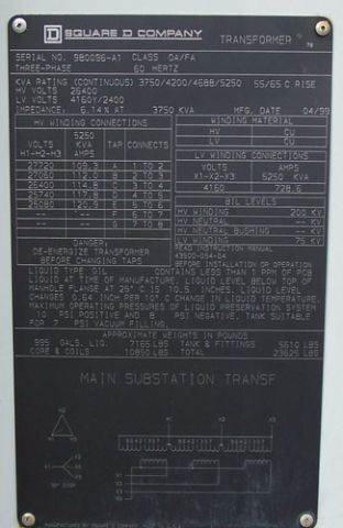 3750/5250 KVA, SQUARE D, Pri. 26400 V, D, Sec. 4160 V, Y, 1999, SUBST. TXFMR: -1