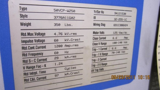 1200 Amp, WESTINGHOUSE, 50VCP-W-250, 4160 V., 125 VDC CL & TR: -1